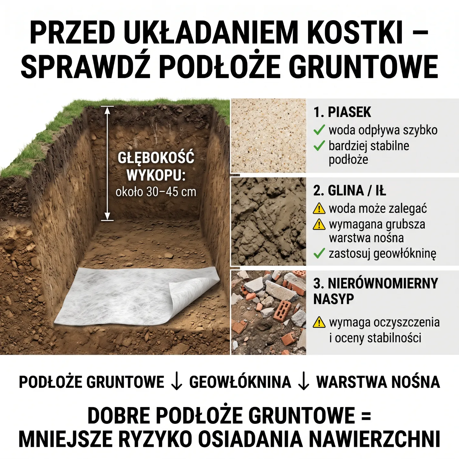 Wykop pod podjazd przygotowany pod ułożenie płyt ażurowych, wyłożony geowłókniną